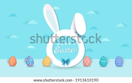 Illustration vector 3d style of Happy Easter holiday design with rabbit frame and colored eggs on blue background.