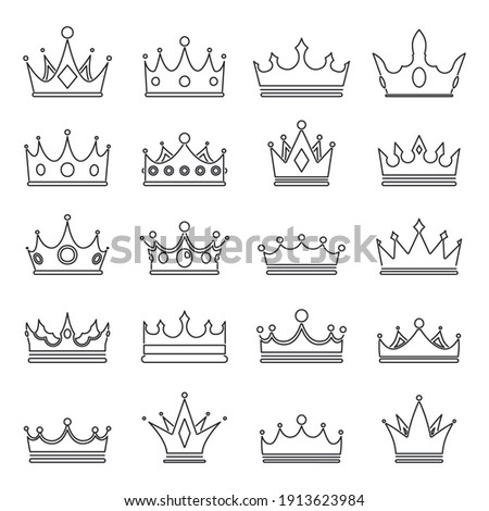 Lineart medieval royal crown queen monarch lord king outline icons set isolated vector illustration