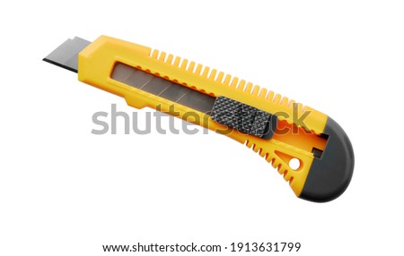 Side view of yellow utility knife isolated on white Royalty-Free Stock Photo #1913631799