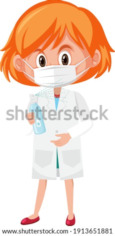 Girl in doctor costume holding hand sanitizer bottle objects isolated on white background illustration