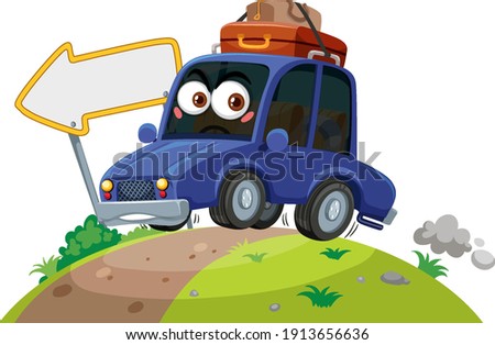 Car travelling on the road with face expression on white background illustration