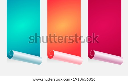 Paperhanging vector illustration. Wallpaper hang on white wall. Unstuck, scroll paper backgrounds. Wallpaper roll backgrounds. Set of different colors peeling materials. Blank decorative elements.