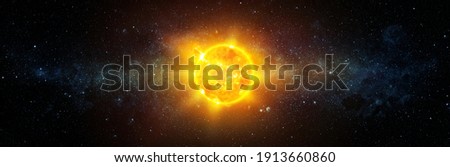 Panoramic view of the Sun, star and galaxy.  A wide view of the sun and stars from space. Concept on theme of ecology, environment, Earth Day. Elements of this image furnished by NASA.  Royalty-Free Stock Photo #1913660860