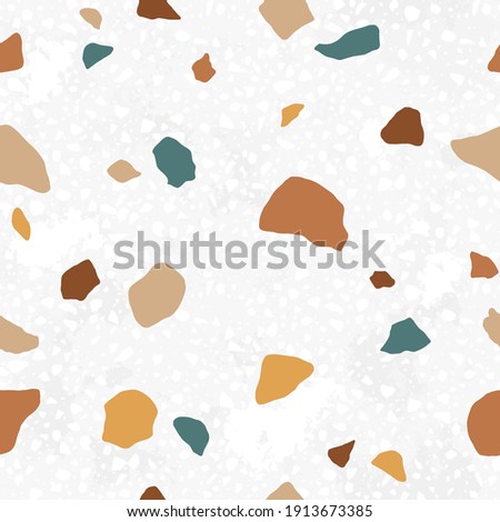 Italian terrazzo seamless pattern. Trendy endless texture design with repeatable scattered stone fragments of organic irregular shapes. Modern floor tile. Colored vector background at neutral colors