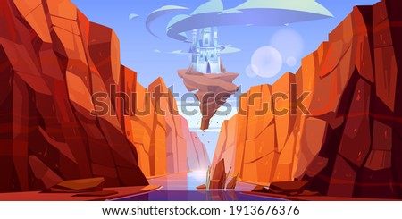 Magic blue castle on rock flying above river in canyon. Vector cartoon fantasy illustration of mountain landscape with water stream in gorge and royal palace with clouds around towers Royalty-Free Stock Photo #1913676376