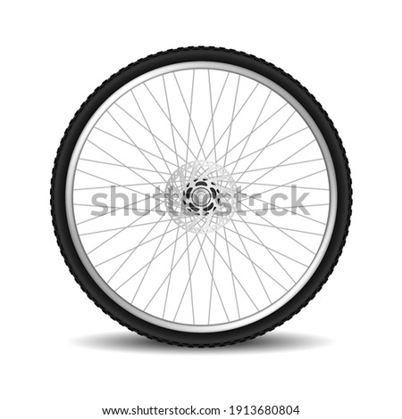 Realistic bicycle tire wheel isolated on white background. Mountain bike wheel 3d design. New cycle tyre with metal spokes. Vector illustration