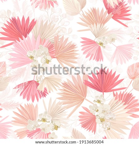 Seamless watercolor tropic floral pattern, pastel dry palm leaves, boho tropical flower, orchid. Vector illustration design for fashion textile, texture, fabric, wallpaper, cover