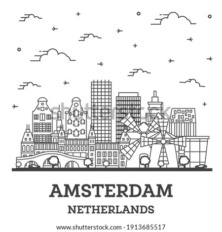 Outline Amsterdam Netherlands City Skyline with Historic Buildings Isolated on White. Vector Illustration. Amsterdam Cityscape with Landmarks.