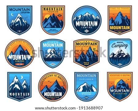 Mountain tourism and rock climbing vector icons set. Rocks top and snowy peaks travel emblems, steep rocky hills and crests nature landscape. Outdoor explore, extreme sport and adventure expedition