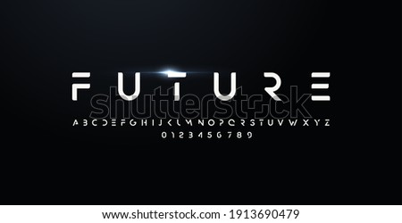 Future style font, bold letters and numbers. Futuristic design type for modern logo. Minimalist vector typography for digital device and hud graphic element. Cropped style alphabet Royalty-Free Stock Photo #1913690479