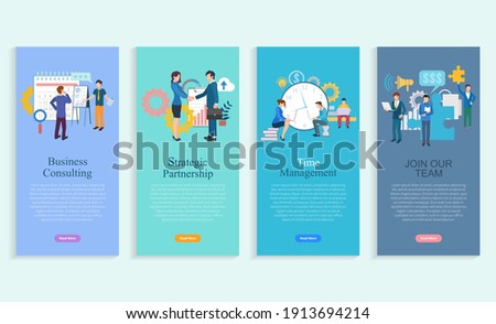 Business consulting, strategic partnership, time management, join our team app slider set. Company profit, development and communication with laptop vector. Webpage or website template flat style