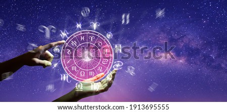 Astrological zodiac signs inside of horoscope circle. Astrology, knowledge of stars in the sky over the milky way and moon. The power of the universe concept. Royalty-Free Stock Photo #1913695555