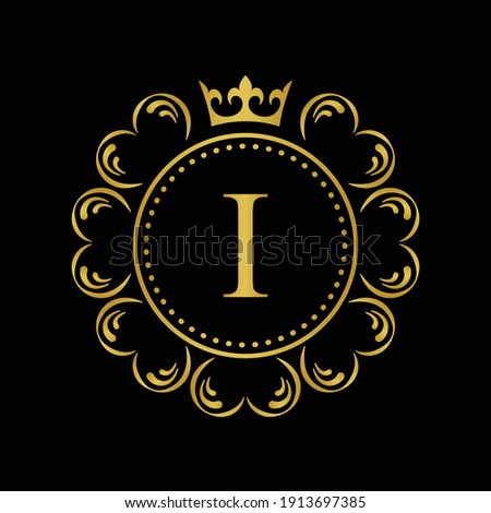  Gold letter I. Vintage set black, white and golden flower ornament initial letters.  Alphabet. Logo vector  Royalty-Free Stock Photo #1913697385