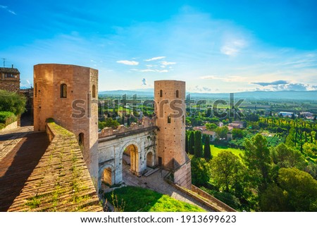 Spello medieval village and roman Porta Venere or Venus Gate. Perugia, Umbria, Italy, Europe.