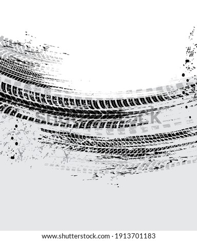 Tire tracks, motorcycle bike wheels or car tread marks, vector grunge. Bicycle or motocross road rally tyre track prints, motors speeds races rubber trails pattern, tires traction on black mud Royalty-Free Stock Photo #1913701183