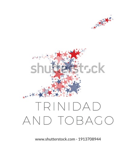 Map of TRINIDAD AND TOBAGO country filled with red and blue stars with random sizes and opacity on a white background. Abstract travel concept sign