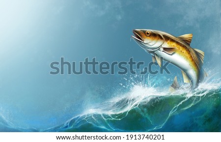 Alaska Pollock, Mintai fish jumping out of water illustration isolate realistic. Mintai fish on the background of the waves of the open ocean.
