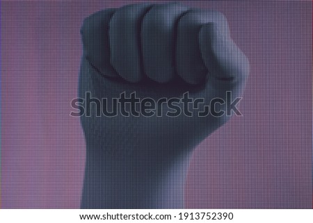 Beautiful hand green glove fist in the neon light. Minimalism retro style concept. Macro  photography view. Close-up of pixel.