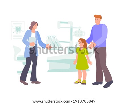 Welcome Dental Care. Children's dentist and happy patient with daddy. Hand drawn vector cartoon characters in the dentist office. Healthcare and protection teeth concept in trendy flat style.