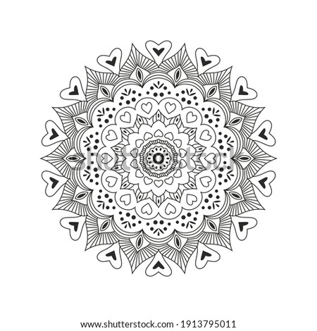 Mandala with hearts for coloring book. Oriental vector drawing. Islamic, Indian, Turkish, Chinese, Arabic, motives. Meditation, anti-stress therapy. Round decorative element for illustrations, tutu.