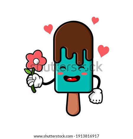 cute ice cream cartoon mascot character funny expression giving flower