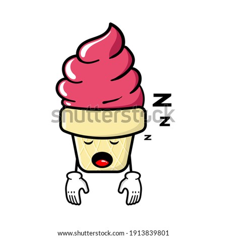 cute ice cream cartoon mascot character funny expression tired and sleeping 