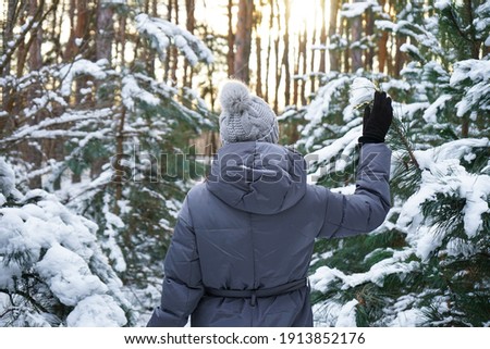 Young woman in the winter forest on a sunset background. Close-up