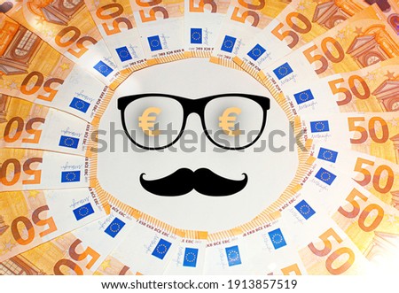Euro banknotes with mustache and glasses, concept of  Happy, winner or investment and retirement