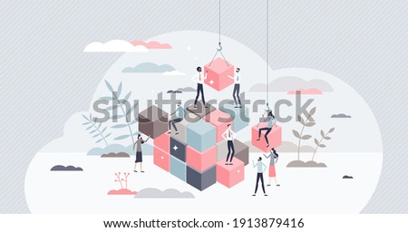 Solving problem and difficult work teamwork assemble tiny persons concept. Effective business solution strategy and complex task cooperation as successful performance process vector illustration. Royalty-Free Stock Photo #1913879416