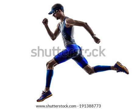 man triathlon iron man athlete runners running in silhouettes on white background