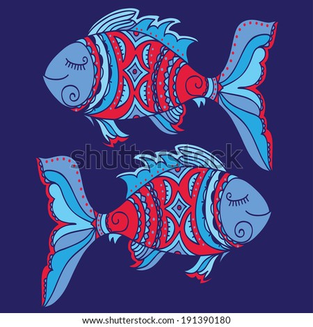 Colorful cartoon fishes on blue background. Vector elements for your design