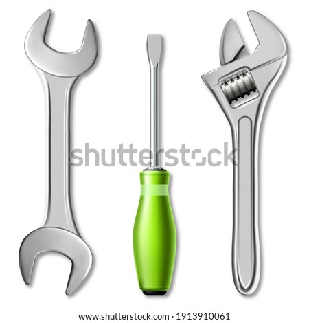 Realistic set of tools of master mechanic or plumber. 3d vector illustration of a wrench, adjustable wrench and screwdriver Royalty-Free Stock Photo #1913910061