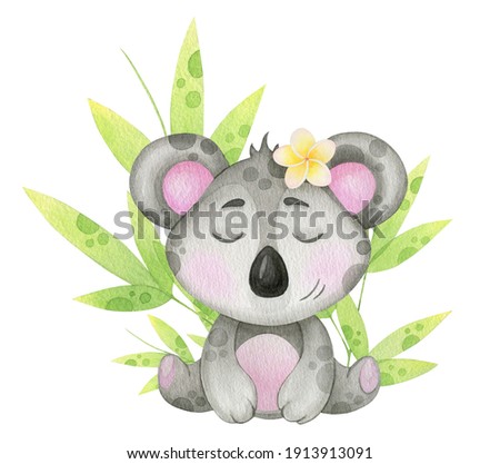 Cute koala bear with tropical leaves. Watercolor illustration for textiles, postcard, baby print, baby birth