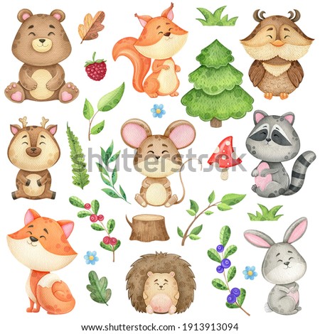 watercolor clip art with forest animals and natural elements, branches, leaves and trees. Illustration of a bear, fox, squirrels and other wild animals on a white background