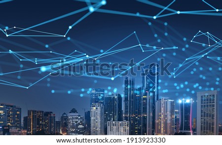 Digital connection polygonal dots and lines on a night skyline, wireless communication network concept. 