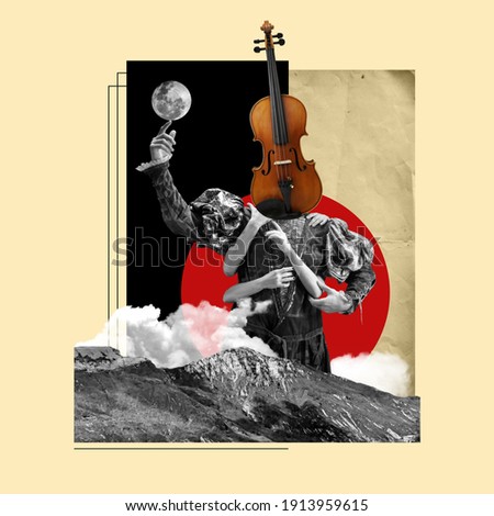 Young man headed by violin behing the mountain on geometric background. Negative space to insert your text. Modern design. Contemporary colorful and conceptual bright art collage, art collage. Visual