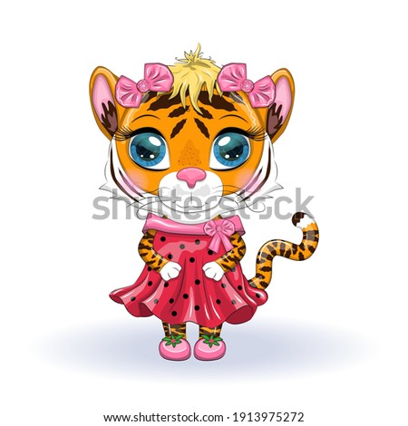 Cute cartoon tiger girl with beautiful eyes in a dress. Chinese New Year 2022, Christmas Year of the Tiger. Lunar new year 2022.