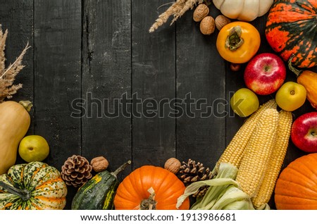 Autumn flat lay composition, with copy space on wooden background. Variety of edible and decorative gourds and pumpkins, walnuts, cones, apples, kaki fruit and corn on the cob.