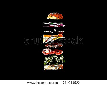Beautiful illustration of split burger isolated on plain black background