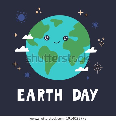 Earth Day banner, cute happy smiling planet with clouds and stars decoration. Fun globe, ecology and nature protect, template poster in hand drawn modern trendy flat cartoon style, vector illustration
