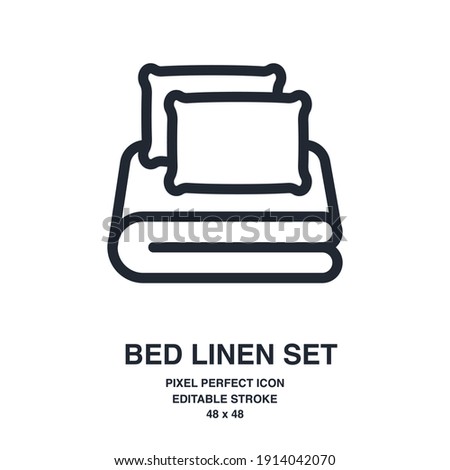 Bed linen set with pillows, bed sheet and duvet cover isolated on white background outline icon. Editable stroke. 48 x 48. Royalty-Free Stock Photo #1914042070