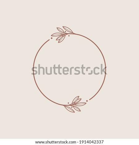 Round botanical frame element with laurel. Simple contour vector illustration for packaging, corporate identity, labels, postcards, invitations. Royalty-Free Stock Photo #1914042337