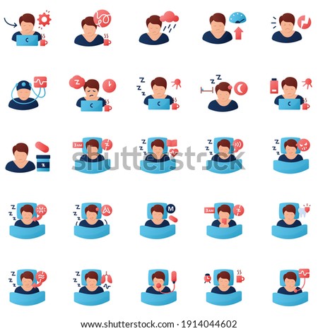  Sleep disorder flat icons set. Healthy sleeping concept. Different types of sleep disorders. Falling asleep trouble. Stress. Health care. Color vector collection with shadow