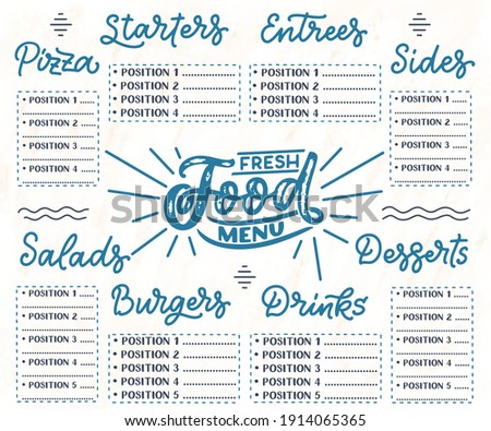 Vector template Chalkboard menu for restaurant and snack bars with grunge elements, names. Fresh food design