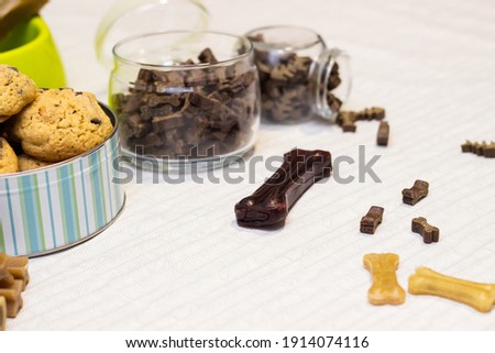 Dog treats spilling out of bowl. Dog treats and biscuits