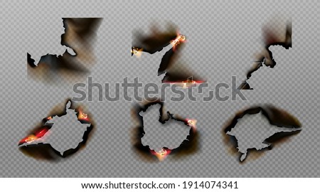 Burn paper corners, holes and borders, burnt page with smoldering fire on charred uneven edges, parchment sheets in flame. Burned frames isolated on transparent background. Realistic 3d vector set Royalty-Free Stock Photo #1914074341