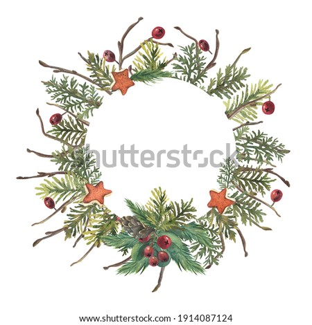 Watercolor decorative wreath of thuja, spruce and winter tree branches. Design for the decoration of Christmas and wedding cards.