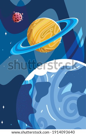 space earth planet saturn and asteroid explore galaxy vector illustration