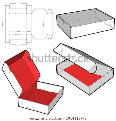 Cardboard box for postal mail. (Internal measurement 21 x 17 + 5 cm) and Die-cut Pattern. Ease of assembly, no need for glue.  The .eps file is full scale and fully functional. Royalty-Free Stock Photo #1914115975