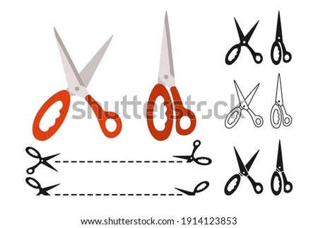 Scissor cartoon set, gotted cutting coupon border. Label discount sign. Craft flat scissoring. Discount symbol cut edge. Open, closed cutting or nippers collection. Vector illustration